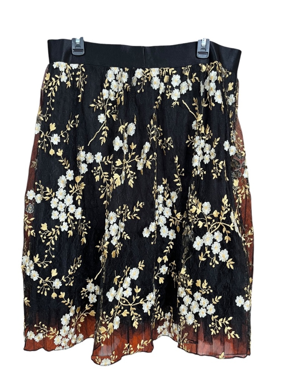 Express Black & Gold Floral Embroidery Lace Mesh Full Party Holiday Skirt SZ XL